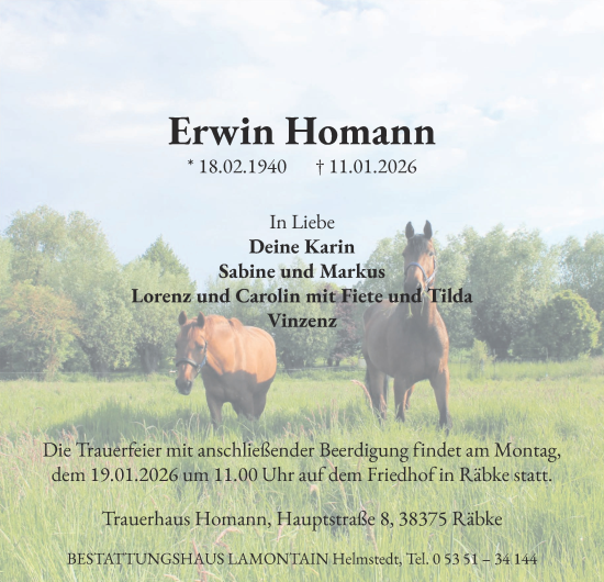 Traueranzeige von Erwin Homann von Helmstedter Nachrichten