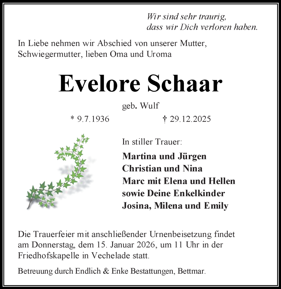  Traueranzeige für Evelore Schaar vom 03.01.2026 aus Peiner Nachrichten