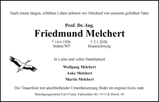 Traueranzeige von Friedmund Melchert von Braunschweiger Zeitung