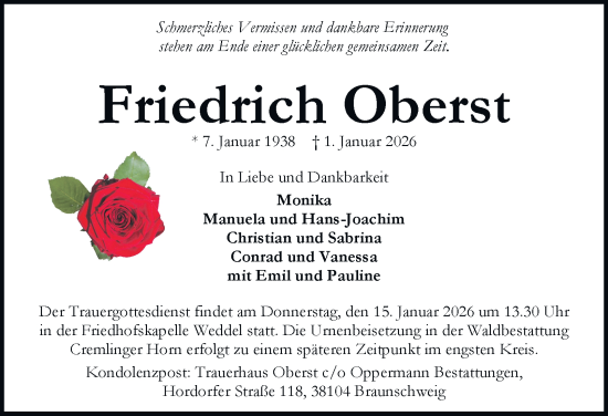 Traueranzeige von Friedrich Oberst von Braunschweiger Zeitung