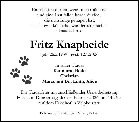 Traueranzeige von Fritz Knapheide von Braunschweiger Zeitung, Wolfsburger Nachrichten