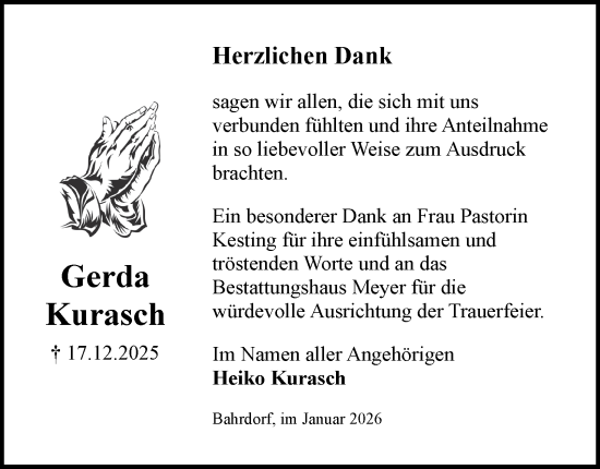 Traueranzeige von Gerda Kurasch von Helmstedter Nachrichten