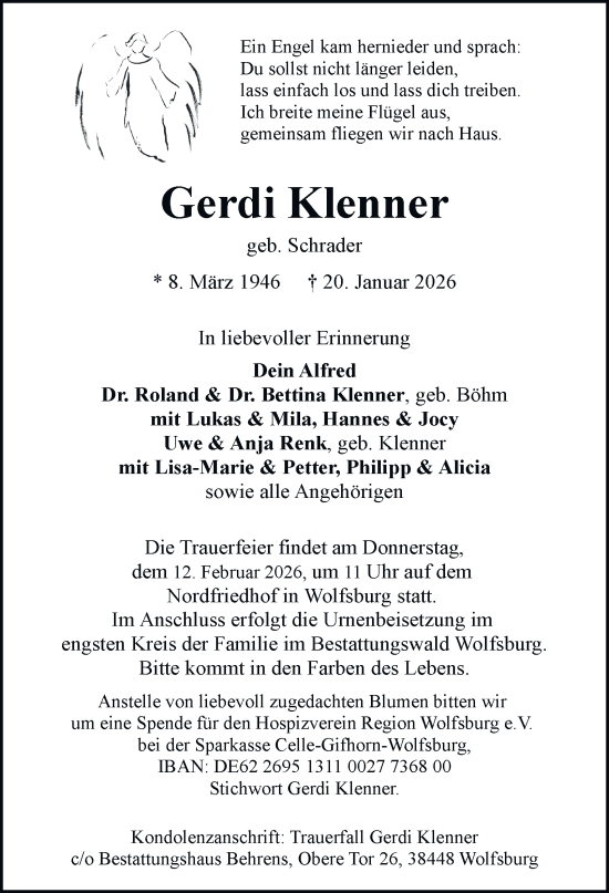 Traueranzeige von Gerdi Klenner von Braunschweiger Zeitung, Wolfsburger Nachrichten