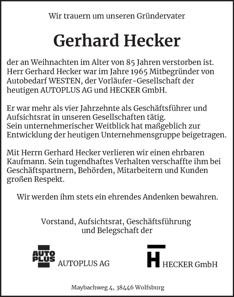  Traueranzeige für Gerhard Hecker vom 06.01.2026 aus Braunschweiger Zeitung, Wolfsburger Nachrichten