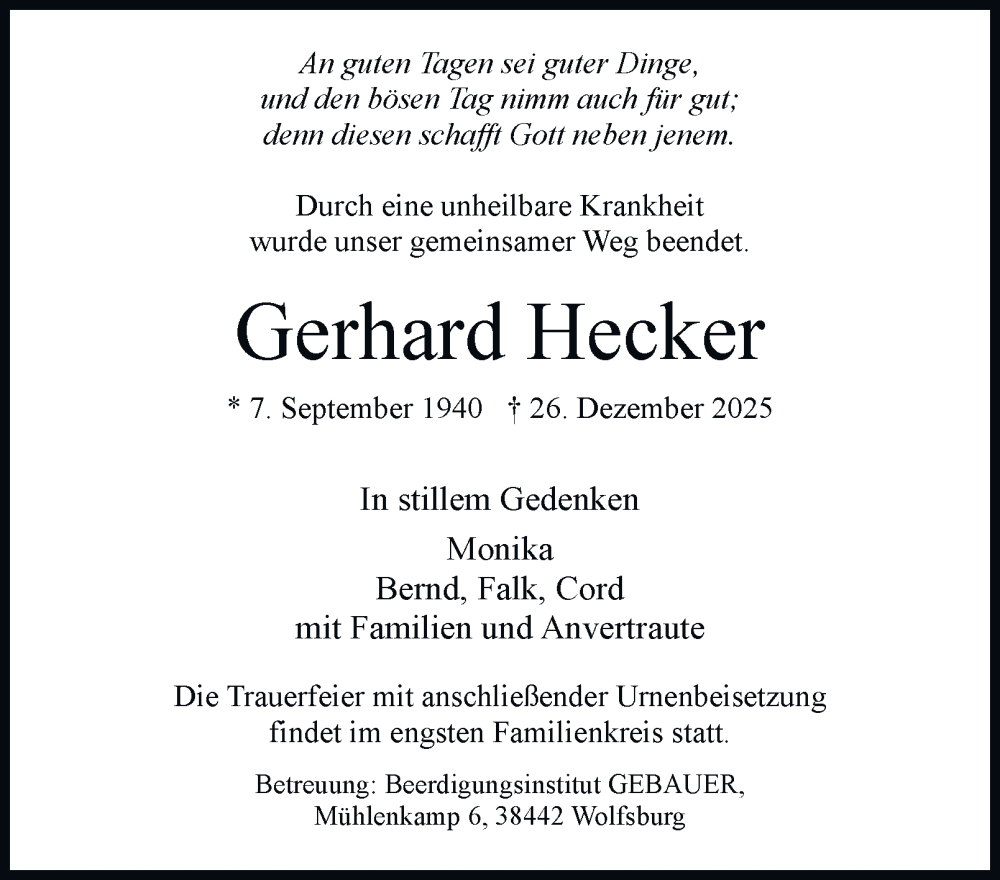  Traueranzeige für Gerhard Hecker vom 03.01.2026 aus Braunschweiger Zeitung, Wolfsburger Nachrichten