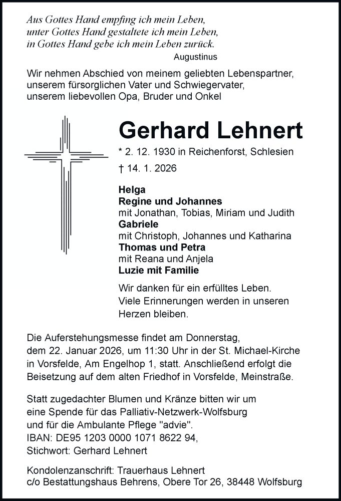 Traueranzeige für Gerhard Lehnert vom 17.01.2026 aus Braunschweiger Zeitung, Wolfsburger Nachrichten