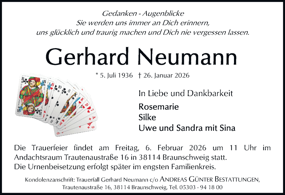  Traueranzeige für Gerhard Neumann vom 31.01.2026 aus Braunschweiger Zeitung, Braunschweiger Zeitung