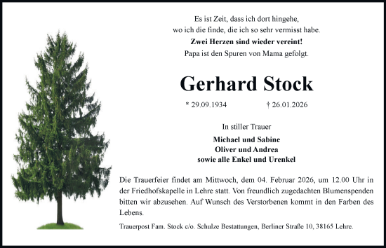 Traueranzeige von Gerhard Stock von Helmstedter Nachrichten