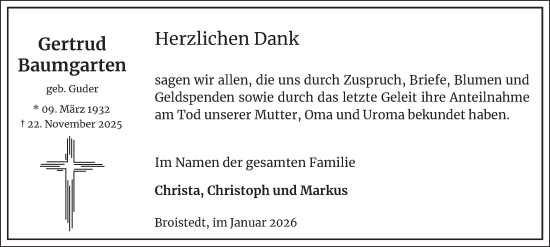 Traueranzeige von Gertrud Baumgarten von Peiner Nachrichten