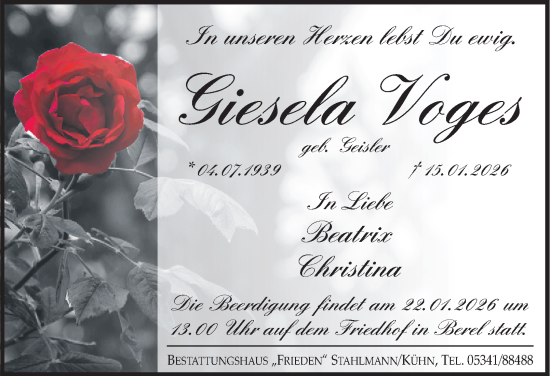 Traueranzeige von Giesela Voges von Salzgitter-Zeitung
