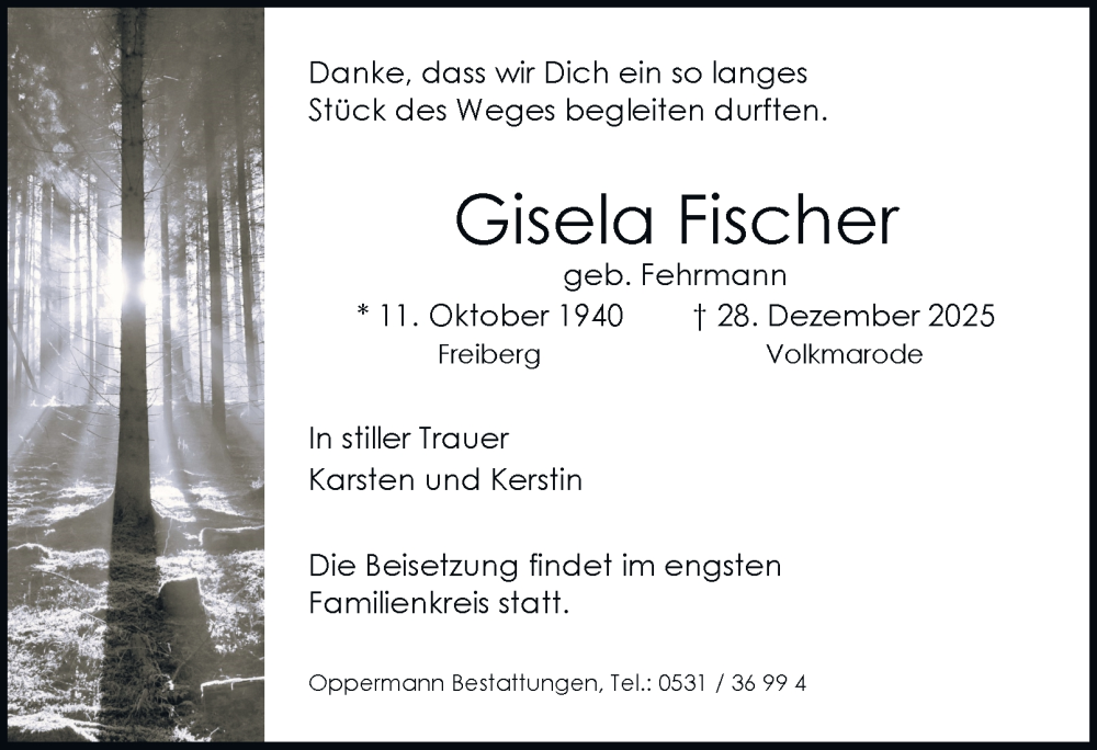  Traueranzeige für Gisela Fischer vom 17.01.2026 aus Braunschweiger Zeitung