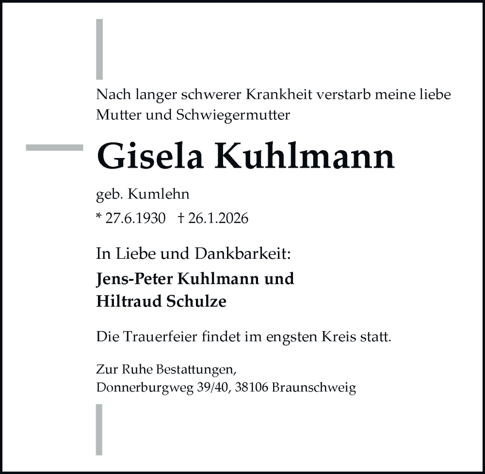  Traueranzeige für Gisela Kuhlmann vom 31.01.2026 aus Braunschweiger Zeitung, Braunschweiger Zeitung