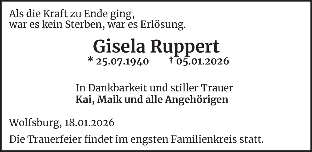  Traueranzeige für Gisela Ruppert vom 20.01.2026 aus Wolfsburger Nachrichten