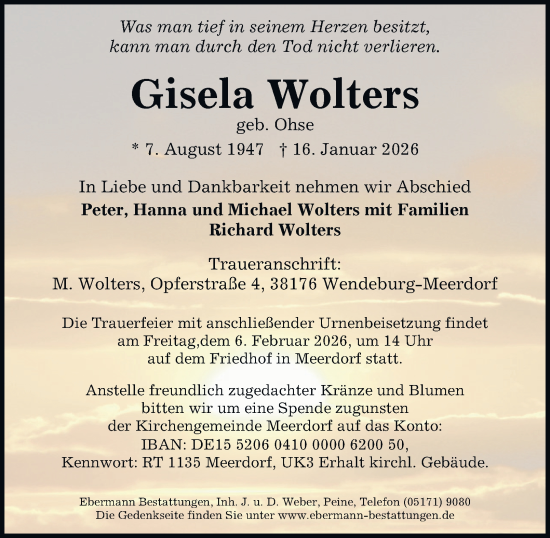Traueranzeige von Gisela Wolters von Peiner Nachrichten