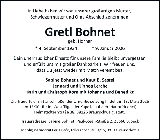 Traueranzeige von Gretl Bohnet von Braunschweiger Zeitung