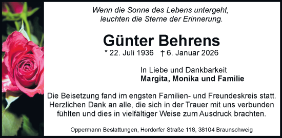 Traueranzeige von Günter Behrens von Braunschweiger Zeitung, Braunschweiger Zeitung