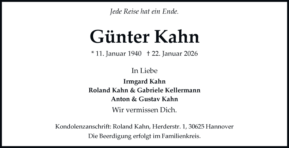 Traueranzeige für Günter Kahn vom 31.01.2026 aus Braunschweiger Zeitung, Braunschweiger Zeitung