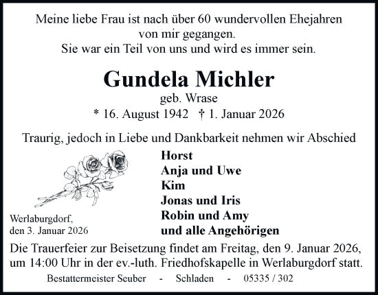 Traueranzeige von Gundela Michler von Wolfenbütteler Zeitung