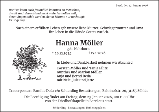 Traueranzeige von Hanna Möller von Salzgitter-Zeitung