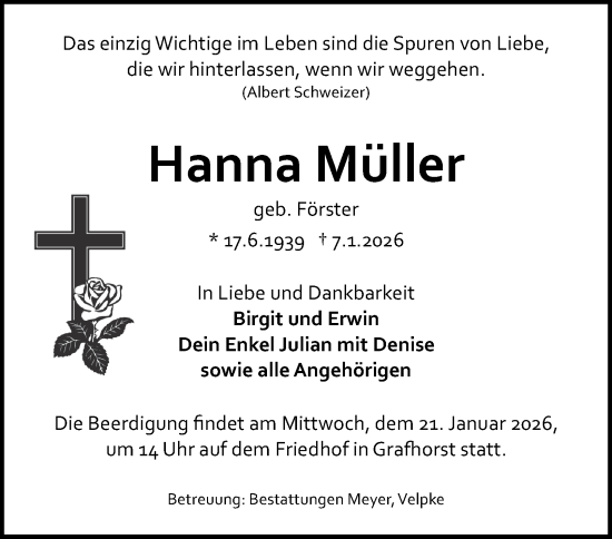 Traueranzeige von Hanna Müller von Braunschweiger Zeitung, Wolfsburger Nachrichten