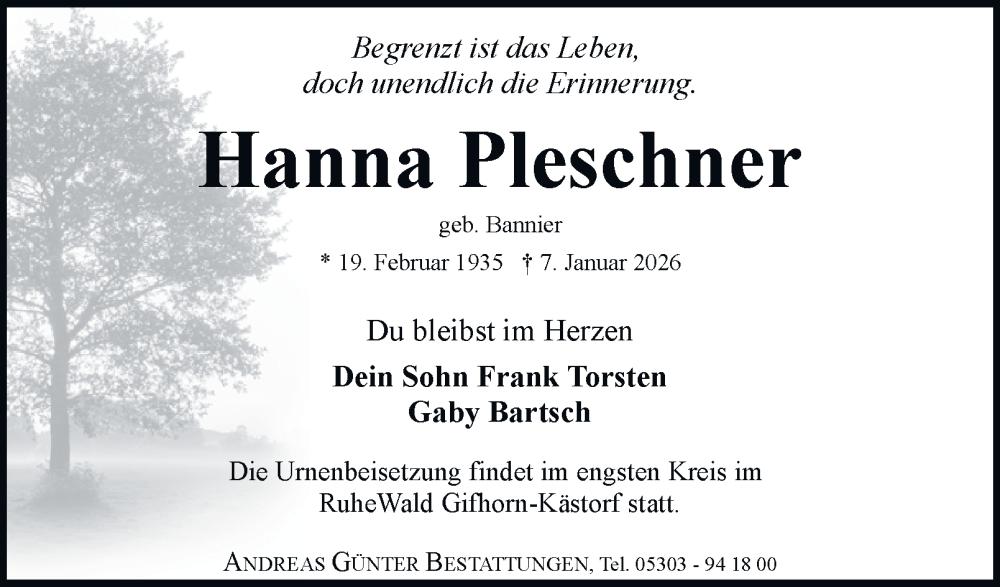  Traueranzeige für Hanna Pleschner vom 17.01.2026 aus Braunschweiger Zeitung, Wolfsburger Nachrichten