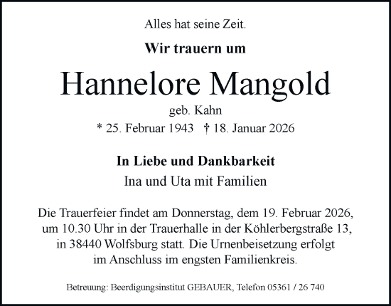 Traueranzeige von Hannelore Mangold von Braunschweiger Zeitung, Wolfsburger Nachrichten