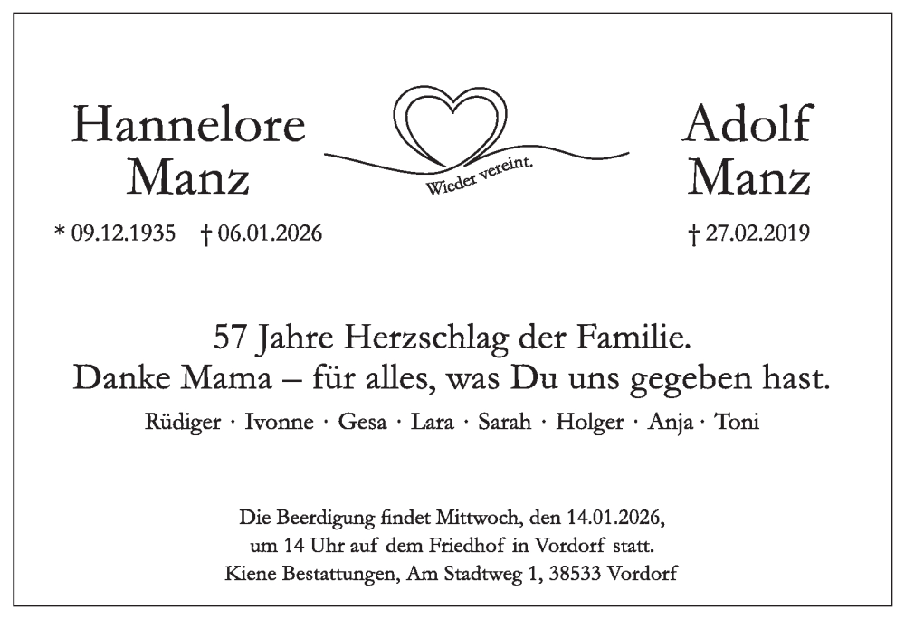  Traueranzeige für Hannelore Manz vom 10.01.2026 aus Braunschweiger Zeitung