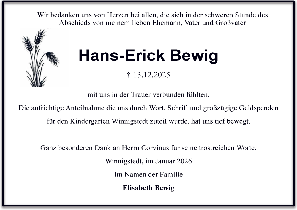  Traueranzeige für Hans-Erick Bewig vom 17.01.2026 aus Salzgitter-Zeitung