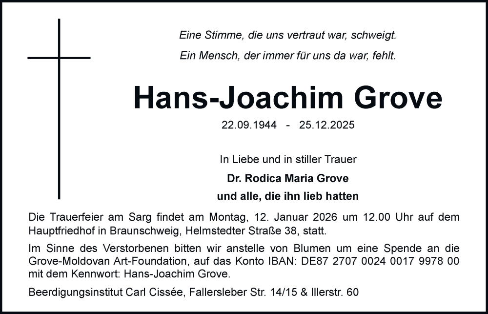  Traueranzeige für Hans-Joachim Grove vom 03.01.2026 aus Braunschweiger Zeitung