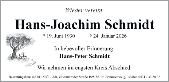 Traueranzeige von Hans-Joachim Schmidt von Braunschweiger Zeitung, Braunschweiger Zeitung