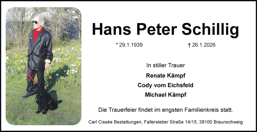  Traueranzeige für Hans Peter Schillig vom 31.01.2026 aus Braunschweiger Zeitung, Braunschweiger Zeitung