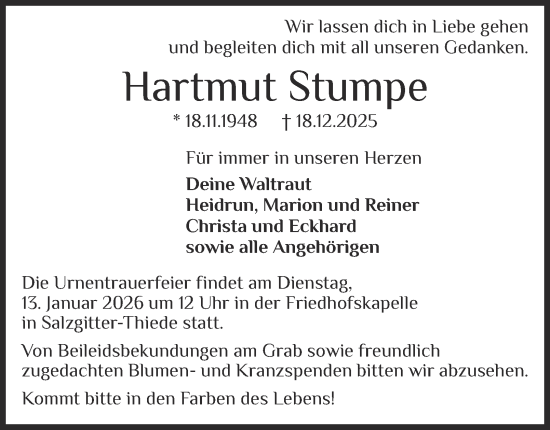 Traueranzeige von Hartmut Stumpe von Salzgitter-Zeitung