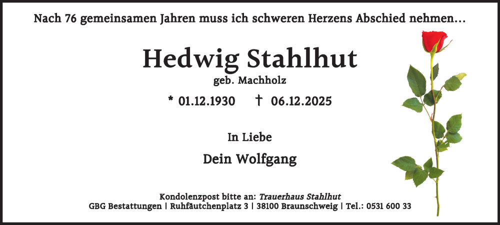  Traueranzeige für Hedwig Stahlhut vom 03.01.2026 aus Braunschweiger Zeitung