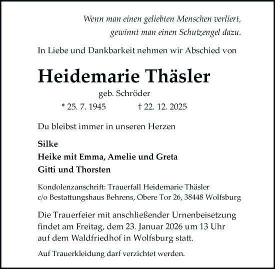 Traueranzeige von Heidemarie Thäsler von Braunschweiger Zeitung, Wolfsburger Nachrichten