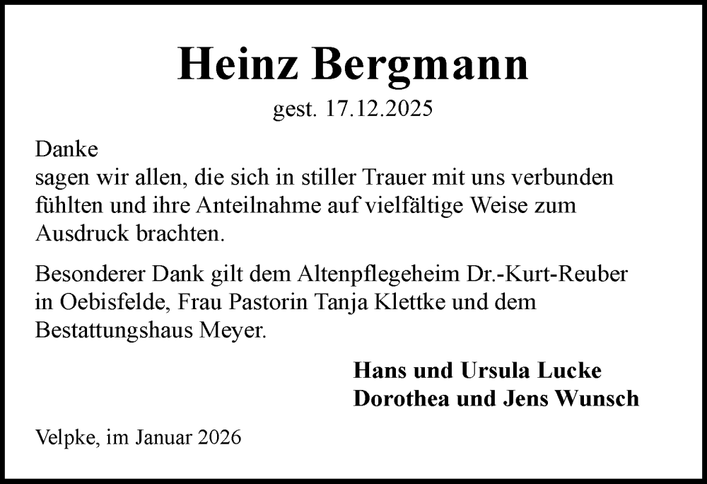  Traueranzeige für Heinz Bergmann vom 31.01.2026 aus Helmstedter Nachrichten