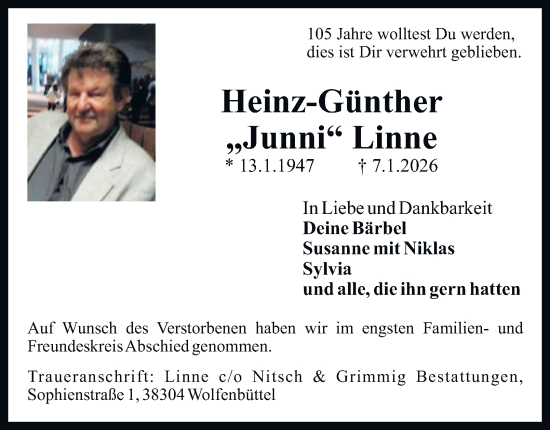 Traueranzeige von Heinz-Günther Linne von Wolfenbütteler Zeitung