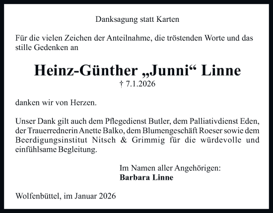 Traueranzeige von Heinz-Günther Linne von Wolfenbütteler Zeitung