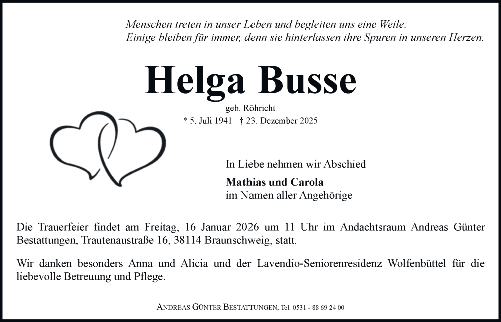  Traueranzeige für Helga Busse vom 03.01.2026 aus Braunschweiger Zeitung