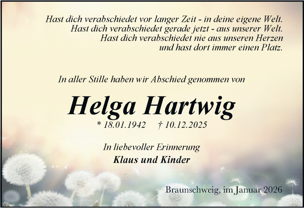  Traueranzeige für Helga Hartwig vom 17.01.2026 aus Braunschweiger Zeitung