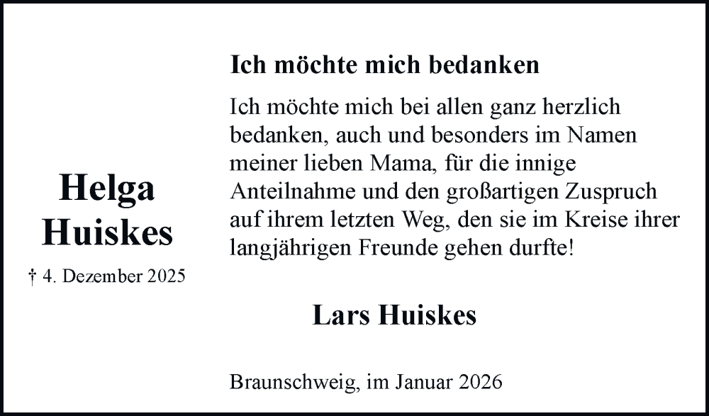  Traueranzeige für Helga Huiskes vom 31.01.2026 aus Braunschweiger Zeitung, Braunschweiger Zeitung