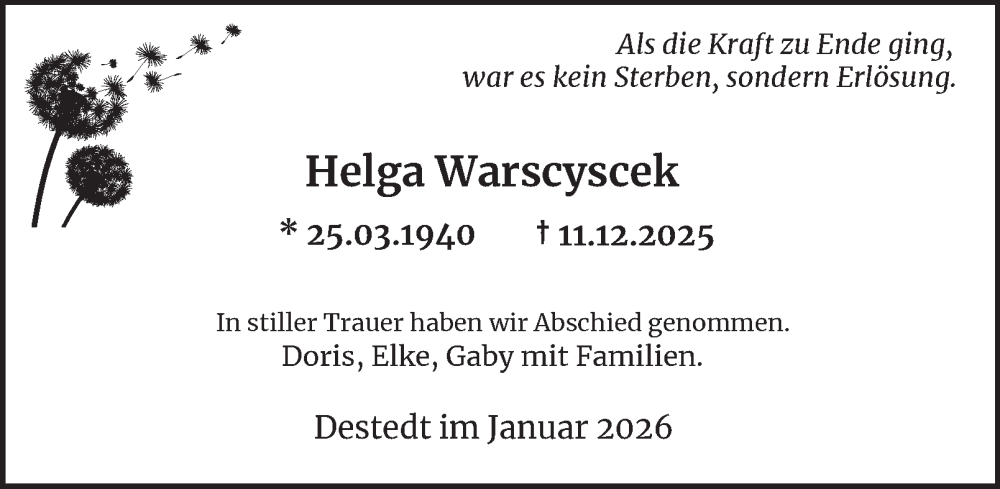  Traueranzeige für Helga Warscyscek vom 31.01.2026 aus Wolfenbütteler Zeitung