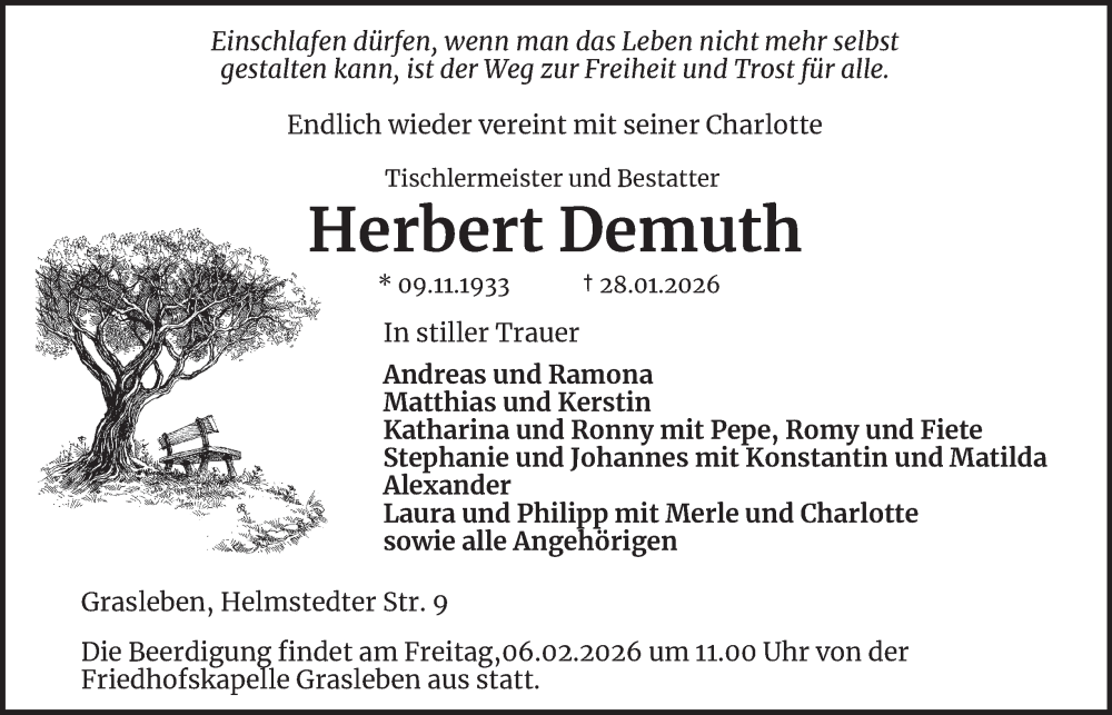  Traueranzeige für Herbert Demuth vom 31.01.2026 aus Helmstedter Nachrichten