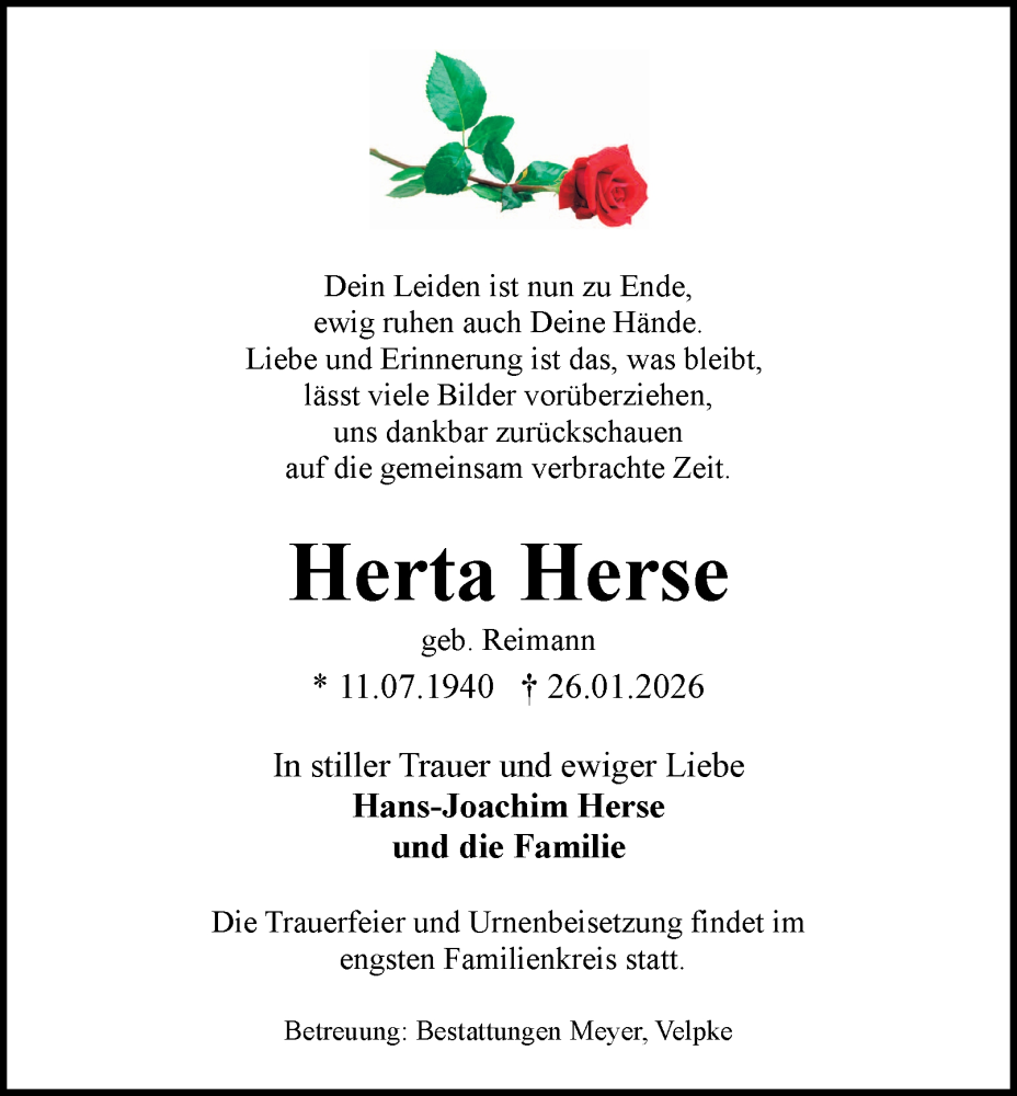  Traueranzeige für Herta Herse vom 31.01.2026 aus Braunschweiger Zeitung, Wolfsburger Nachrichten