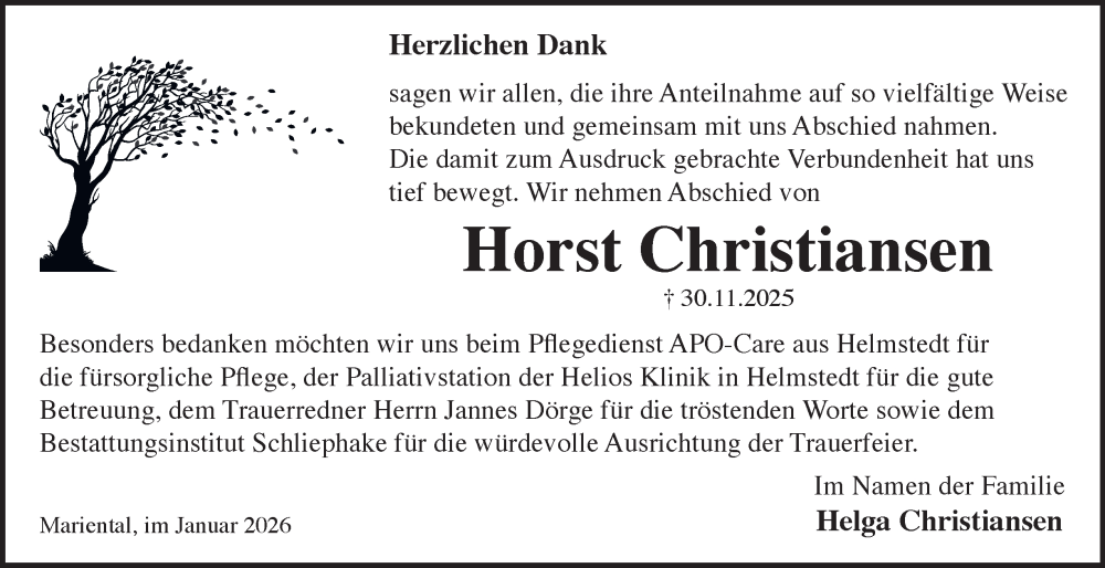 Traueranzeige für Horst Christiansen vom 03.01.2026 aus Braunschweiger Zeitung