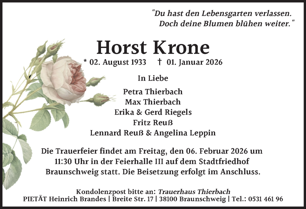  Traueranzeige für Horst Krone vom 17.01.2026 aus Braunschweiger Zeitung