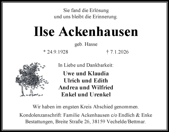Traueranzeige von Ilse Ackenhausen von Peiner Nachrichten