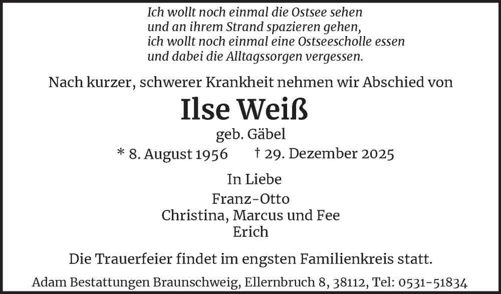  Traueranzeige für Ilse Weiß vom 10.01.2026 aus Braunschweiger Zeitung