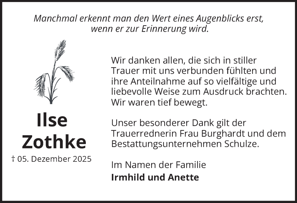  Traueranzeige für Ilse Zothke vom 31.01.2026 aus Helmstedter Nachrichten