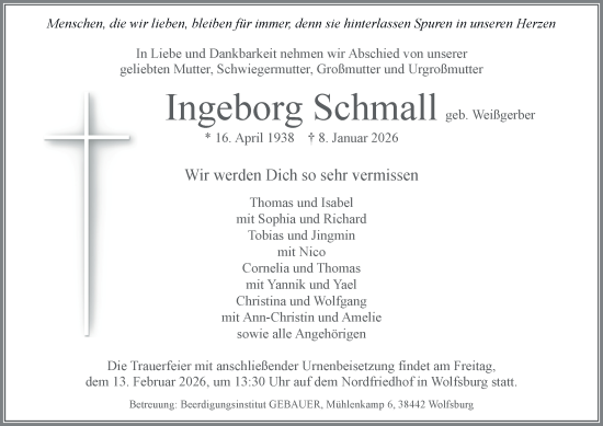 Traueranzeige von Ingeborg Schmall von Braunschweiger Zeitung, Wolfsburger Nachrichten