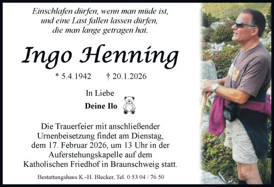 Traueranzeige von Ingo Henning von Braunschweiger Zeitung, Braunschweiger Zeitung